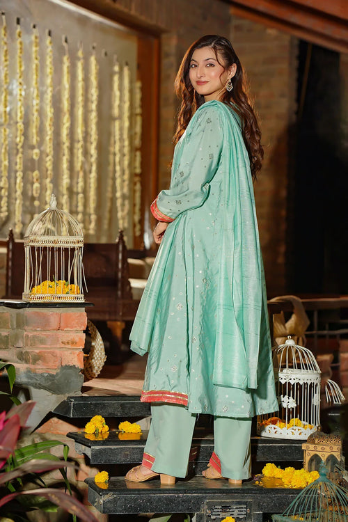 Best Women's Viscose Jacquard Hand Adda Work 3 Pc Suit - Wear Ochre -