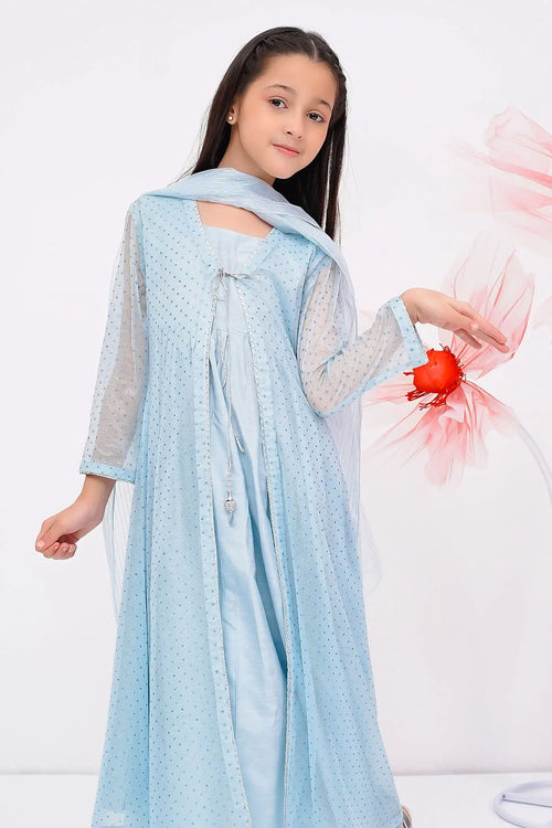 Light blue kids' embroidered dress with sheer overlay, perfect for festive occasions and everyday wear.