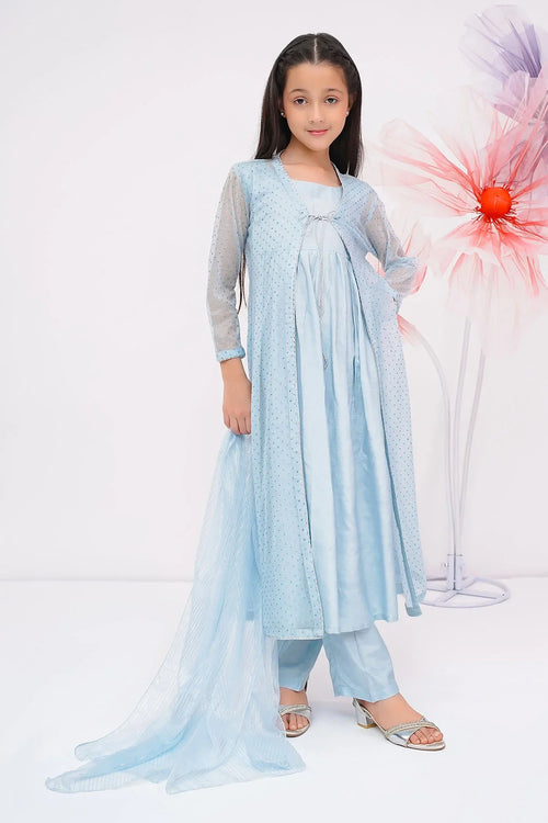 Light blue kids' kurta set with sheer overlay, perfect for festive occasions and everyday wear.