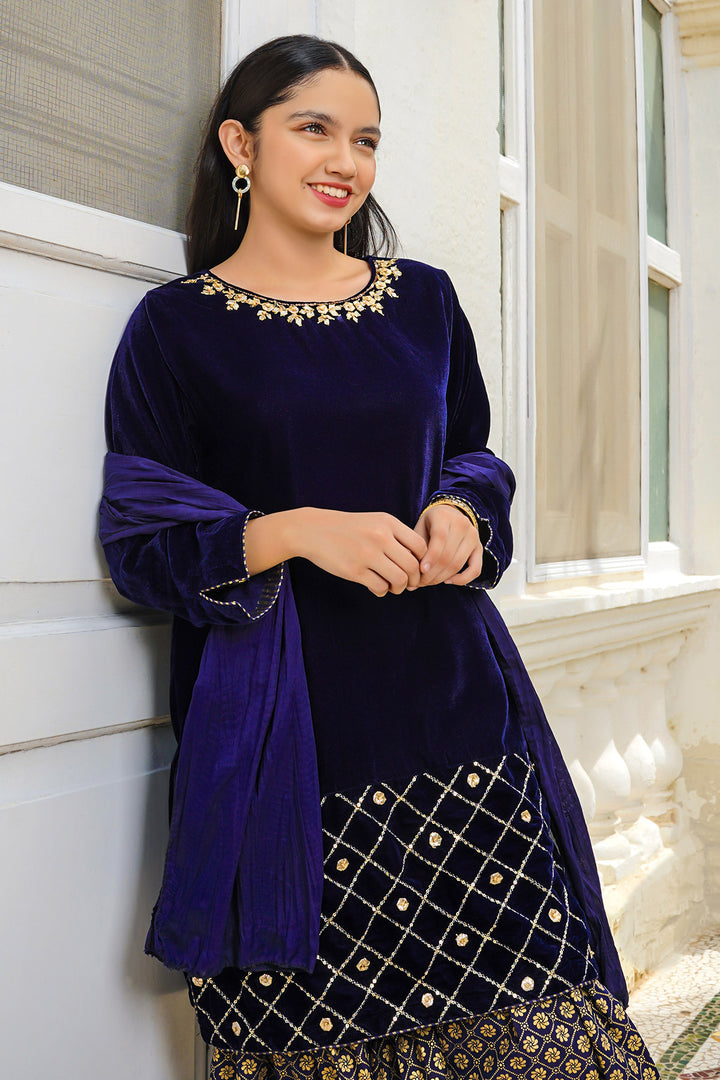 Velvet Hand Adda Work 3 Pc Suit - Wear Ochre