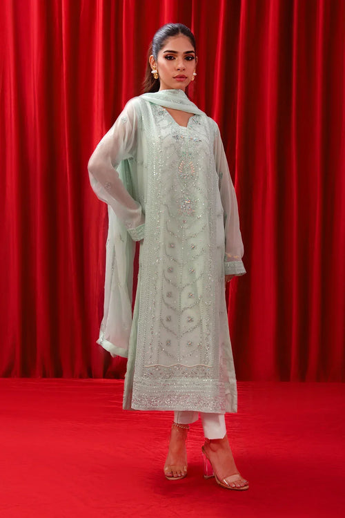Best Chiffon Adda + Embroidered 3 Pc Suit - Wear Ochre -