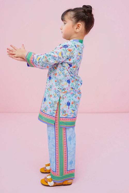Toddler girl in colorful bird and floral print shalwar kameez, perfect for kids' fashion and everyday wear.