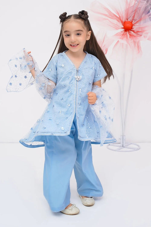 Little girl in light blue embroidered kids outfit with sheer sleeves, perfect for festive occasions
