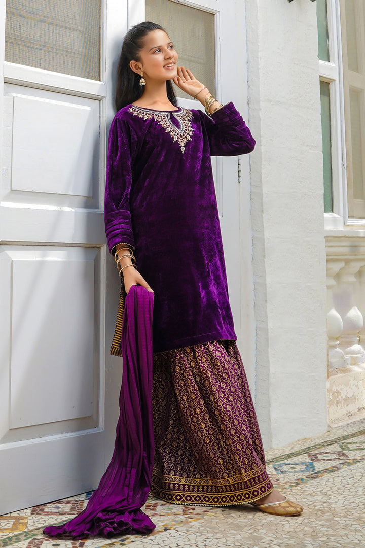 Velvet Hand Adda Work 3 Pc Suit - Wear Ochre
