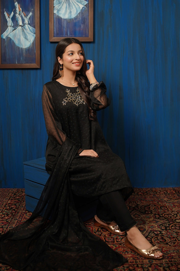 Chiffon Hand Adda Work 3 Pc Suit - Wear Ochre