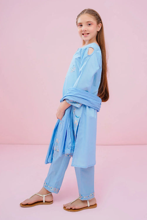 Light blue embroidered kids outfit with matching dupatta and pants, perfect for casual wear