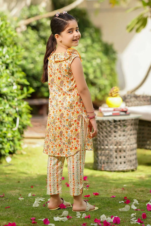 Girl in floral print kids kurta set with matching pants, perfect for casual wear and outdoor play