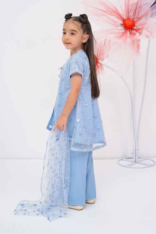 Little girl in light blue embroidered kids outfit with sheer dupatta, trendy fashion for girls