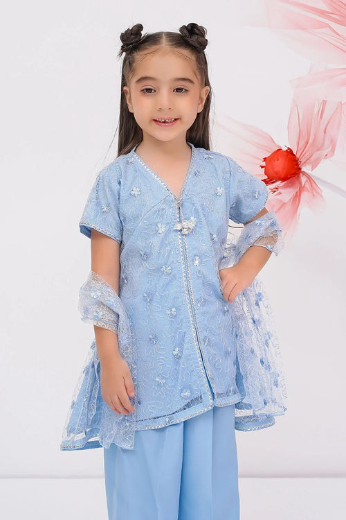 Little girl in light blue embroidered kurta with sheer sleeves and matching pants, stylish kids fashion
