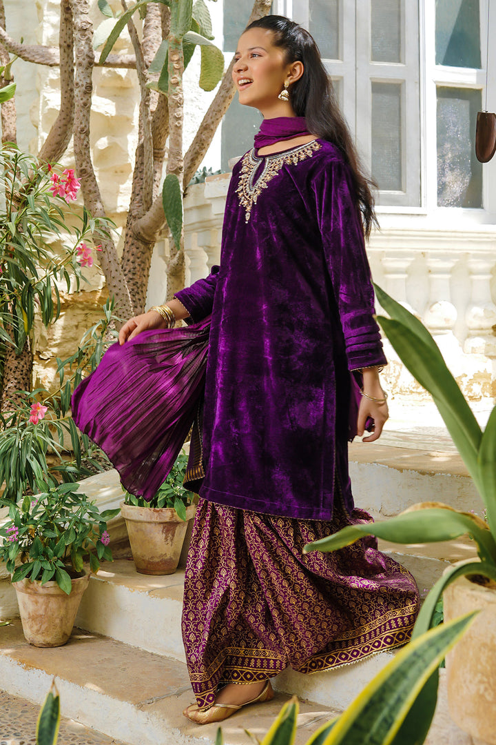 Velvet Hand Adda Work 3 Pc Suit - Wear Ochre