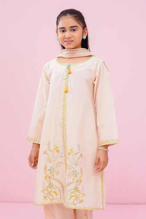 Girl wearing embroidered cream kurta with floral design, perfect for kids' fashion and special occasions.