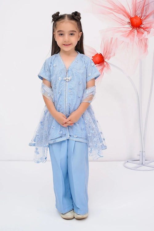 Little girl in light blue embroidered kids outfit with lace sleeves and matching pants, perfect for festive occasions.