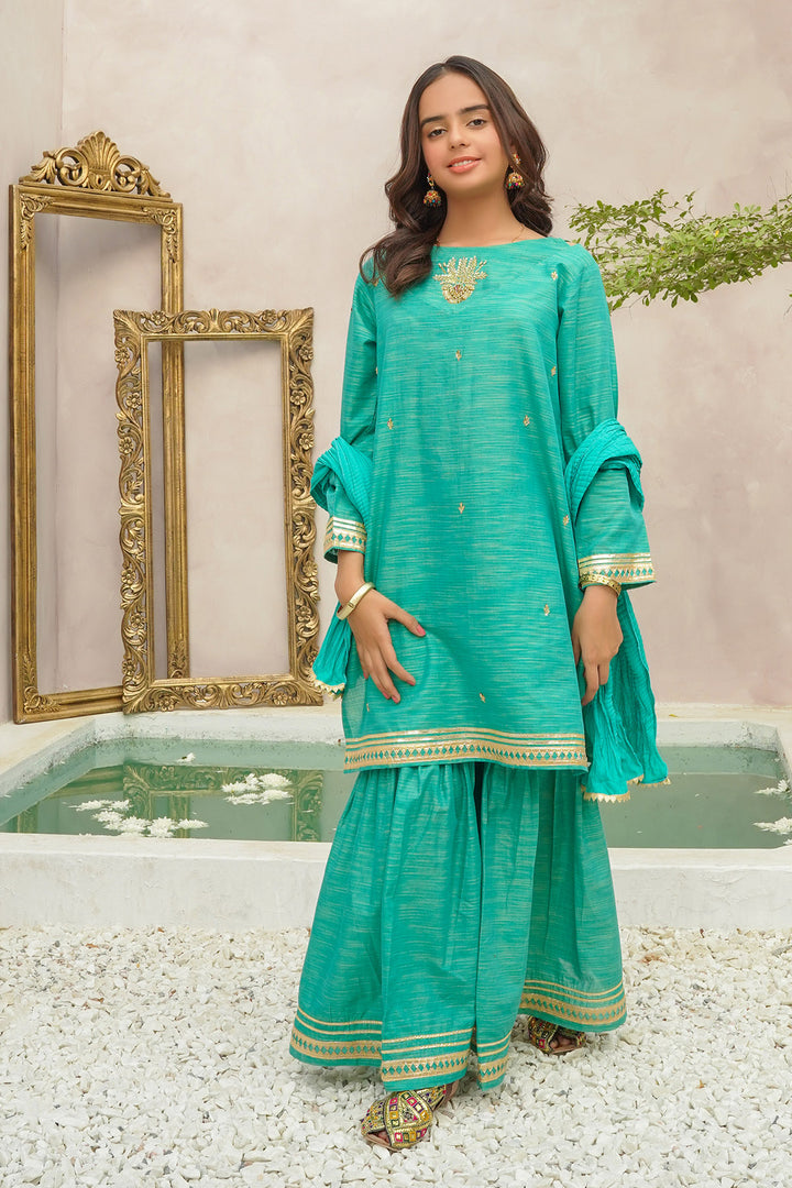 Multi Yarn Cotton Hand Adda Work 3 Pc Suit - Wear Ochre