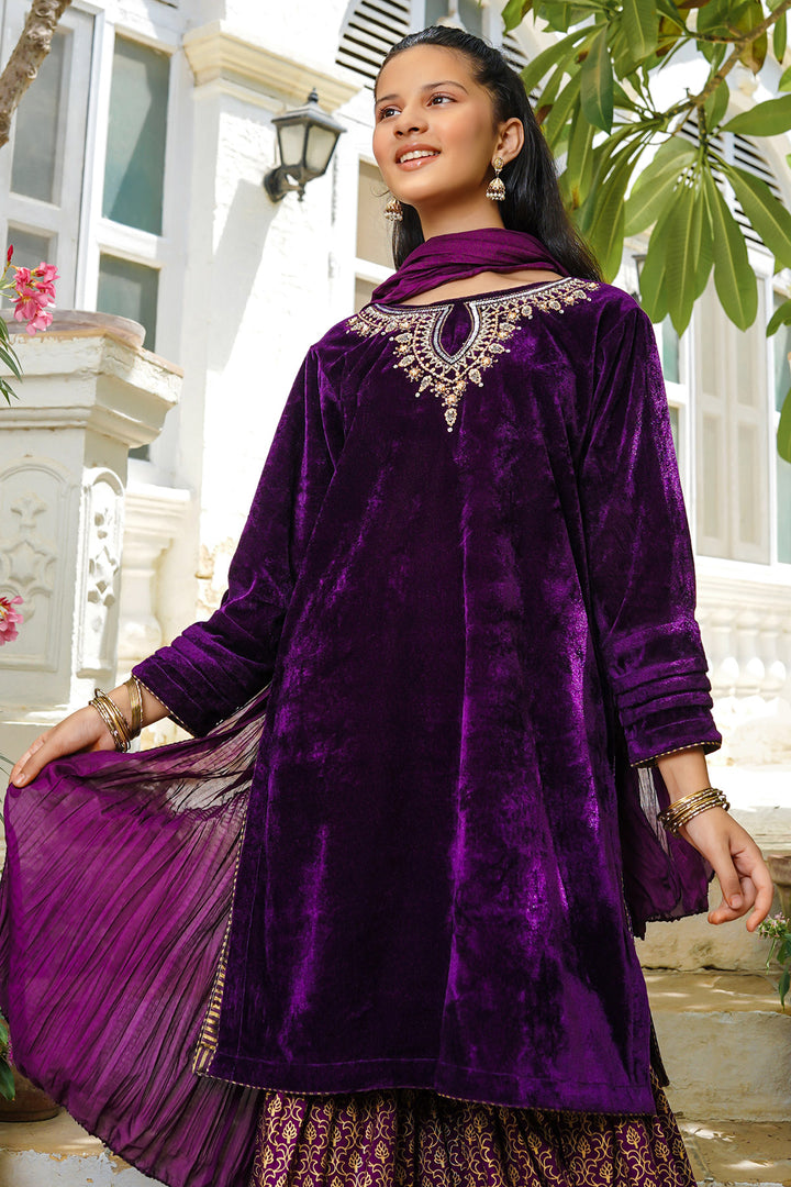 Velvet Hand Adda Work 3 Pc Suit - Wear Ochre
