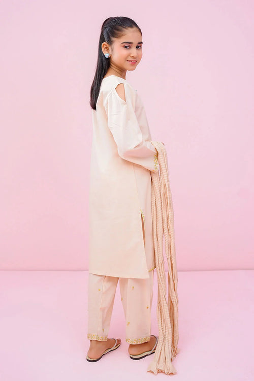 Girl in cream kids kurta set with embroidery, matching dupatta, and sandals for festive occasions