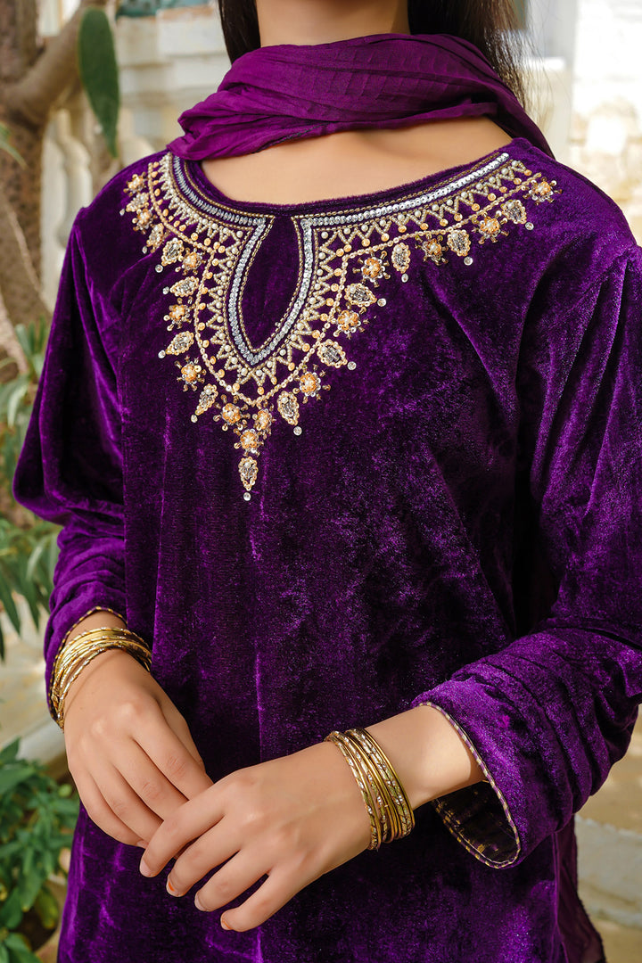 Velvet Hand Adda Work 3 Pc Suit - Wear Ochre