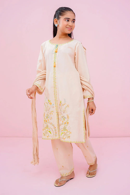 Girl wearing embroidered peach kurta set with floral details, perfect for kids' fashion