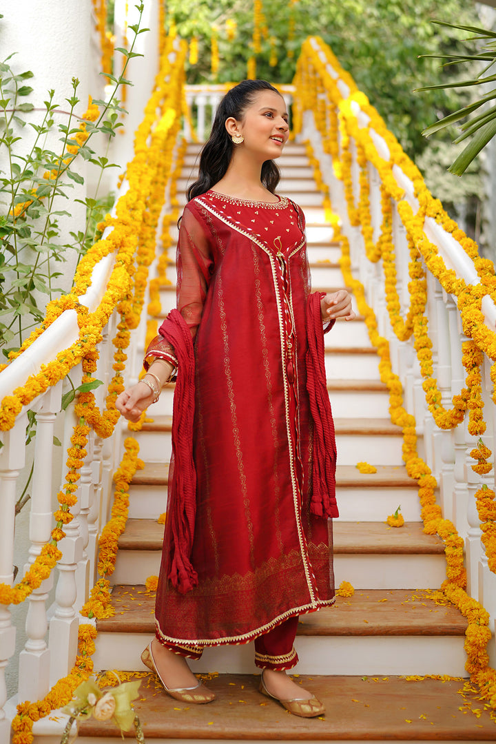 Khaddi Net Hand Adda Work 3 Pc Suit - Wear Ochre