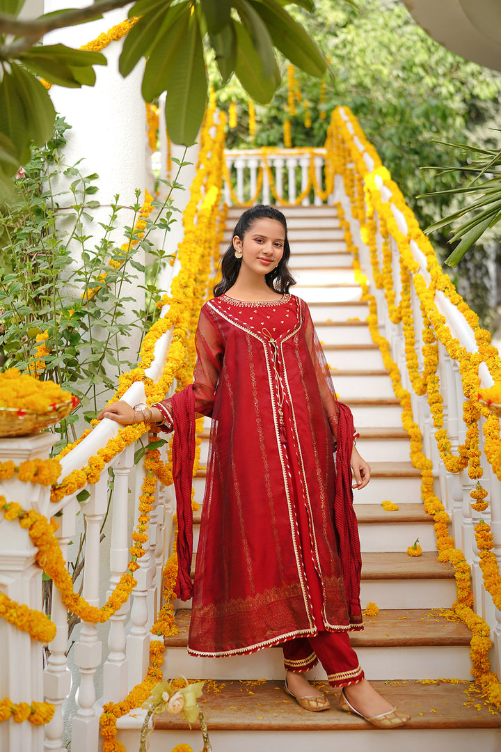 Khaddi Net Hand Adda Work 3 Pc Suit - Wear Ochre