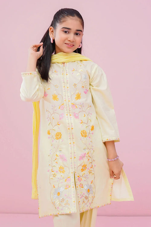 Girl in cream embroidered kurti with yellow dupatta, trendy kids fashion outfit