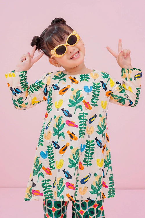 Kids' bird print tunic & matching pants set, trendy girls' fashion for playful occasions