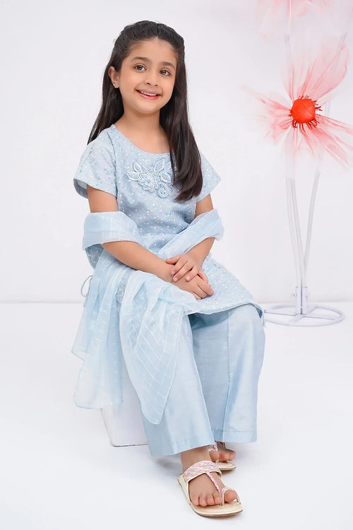 Little girl in light blue embroidered kids outfit with dupatta, perfect for festive occasions