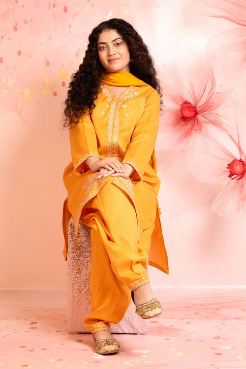 Stylish yellow embroidered kurta set with matching dupatta for women, perfect for festive occasions.