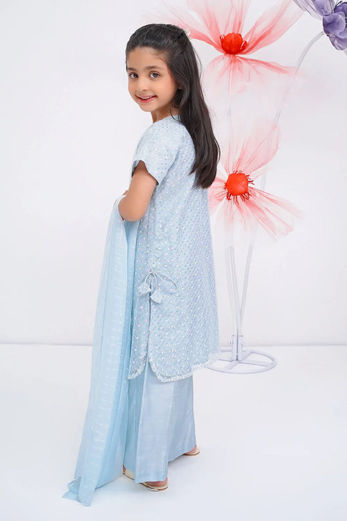 Little girl in light blue embroidered kurta with matching dupatta, perfect for kids' festive wear