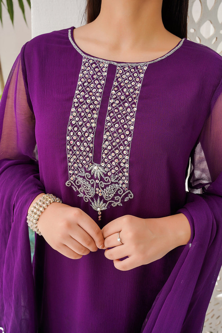 Chiffon Hand Adda Work 3 Pc Suit - Wear Ochre