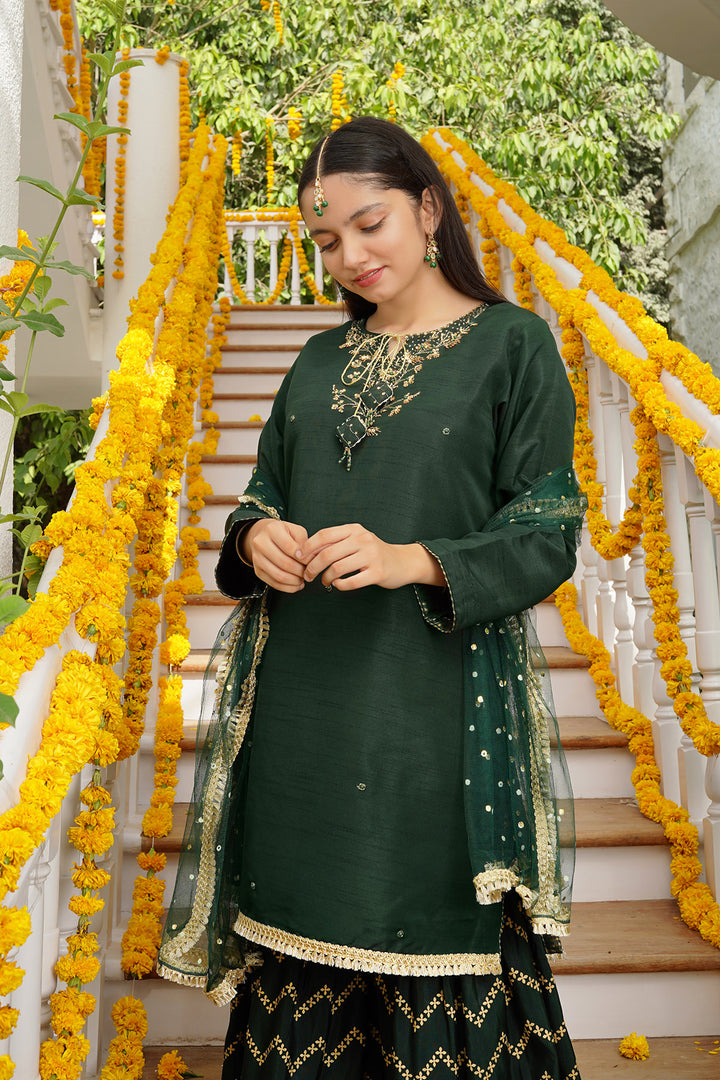 Raw Silk Hand Adda Work 3 Pc Suit - Wear Ochre