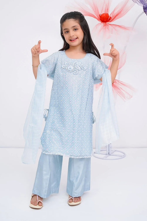 Light blue kids party dress with sequins and floral embroidery, matching pants and dupatta for girls