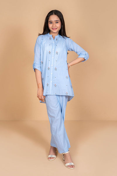 Chambray Cotton Embroidered 2 Pc Suit