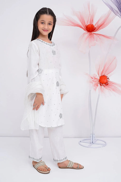 White embroidered kids kurti set with flared sleeves and matching pants, perfect for festive occasions.