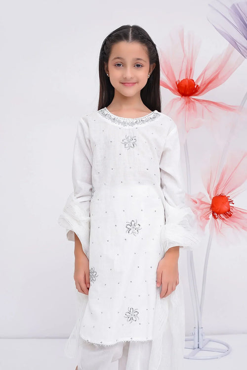 White embroidered kids kurta with flared sleeves, perfect for festive occasions and everyday wear.