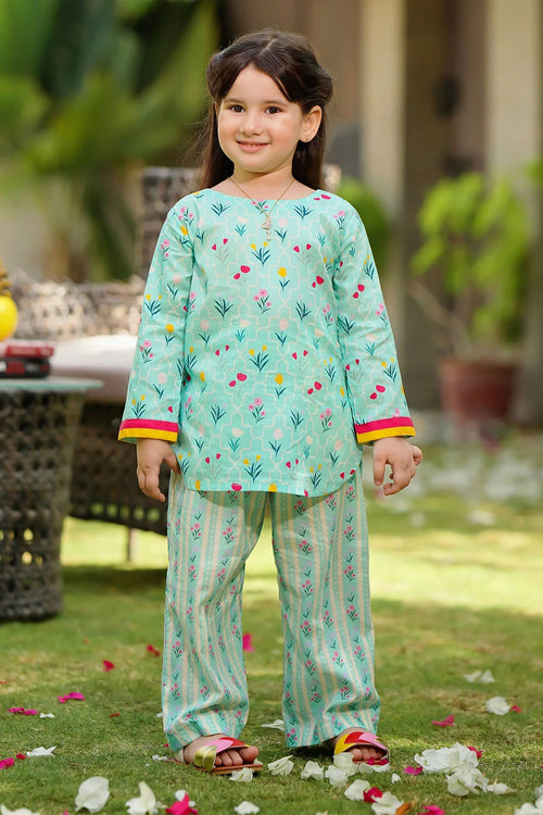 Little girl in mint floral print kids outfit, perfect for casual wear or festive occasions