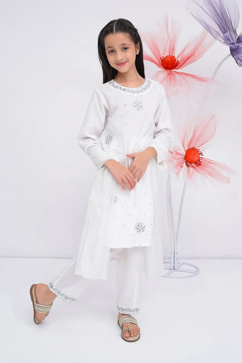 White embroidered kids kurta set with matching pants and sandals, perfect for festive occasions.