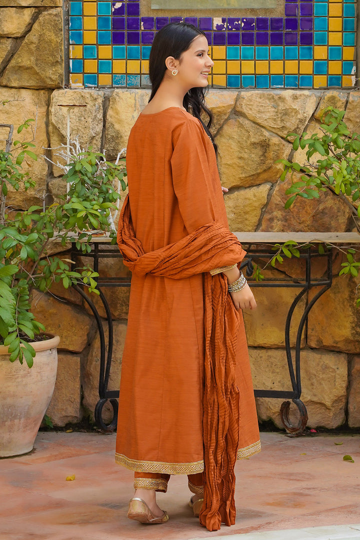 Slub Manar Hand Adda Work 3 Pc - Wear Ochre