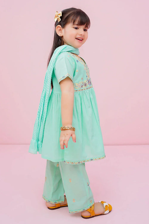 Little girl in mint green embroidered kids outfit with matching dupatta, perfect for festive occasions