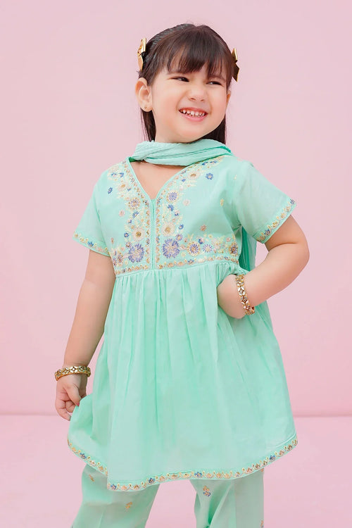 Smiling girl in mint green embroidered kids outfit with matching dupatta, perfect for festive occasions.