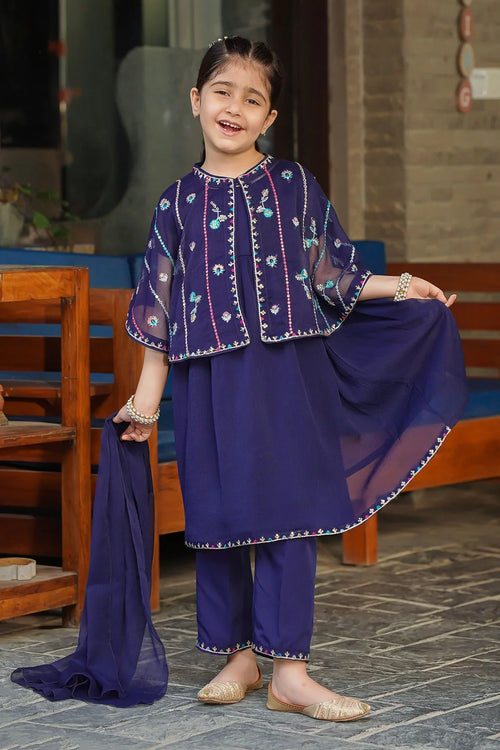 Girl in navy blue embroidered kids outfit with matching dupatta, perfect for festive occasions