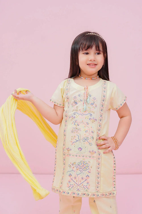 Little girl in embroidered yellow kurta with matching dupatta, trendy kids fashion