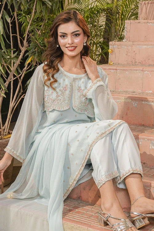 Best Women's Chiffon Embroidered 3 Pc Suit - Wear Ochre -