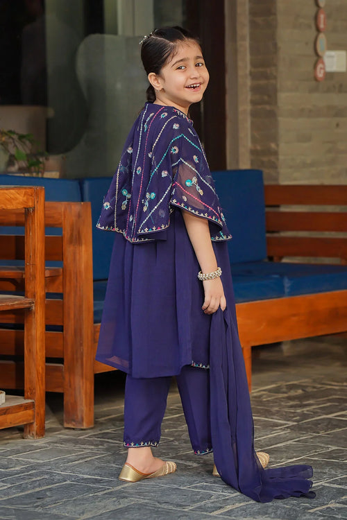 Girl in purple embroidered kids outfit with cape sleeves, perfect for festive occasions and parties.