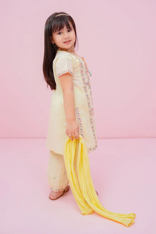 Little girl in yellow embroidered kurta set with matching dupatta, trendy kids fashion