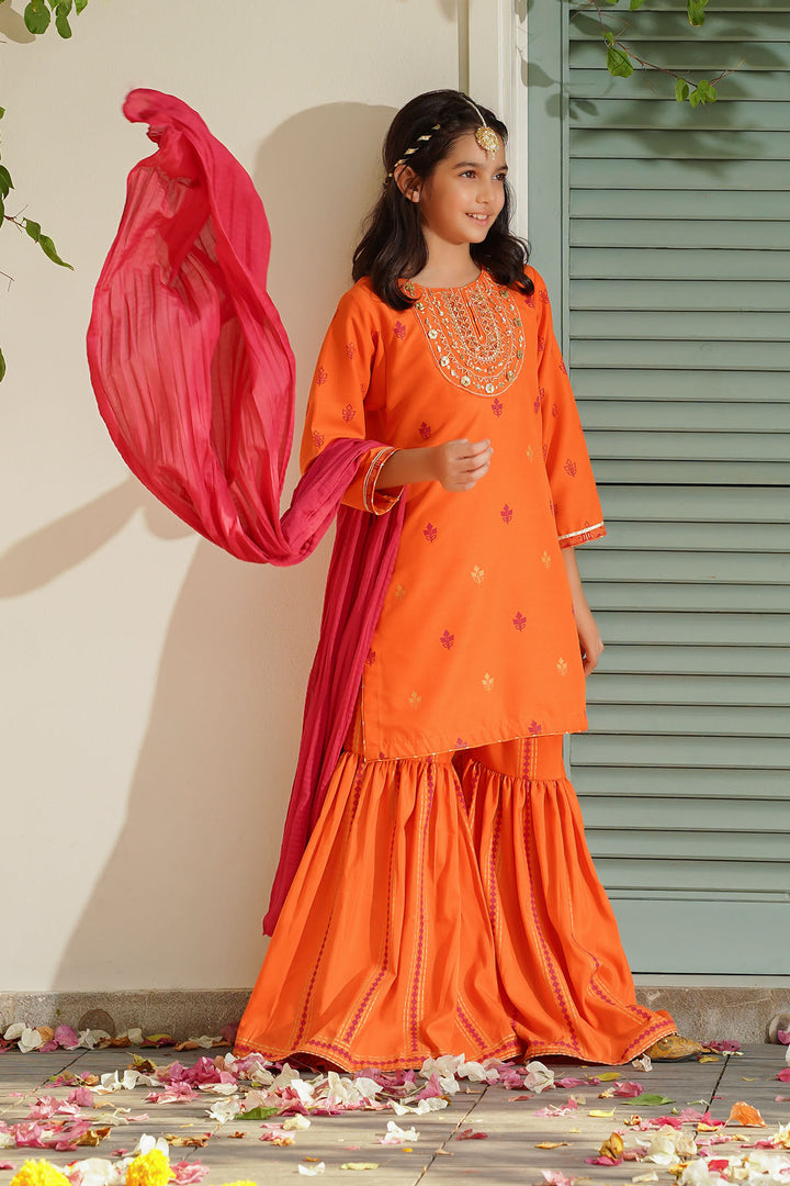 Raw Silk Hand Adda Work 3 Pc Suit - Wear Ochre