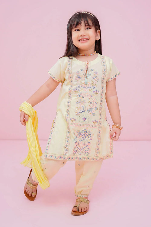 Little girl in embroidered yellow kurta set with matching dupatta, perfect for festive occasions