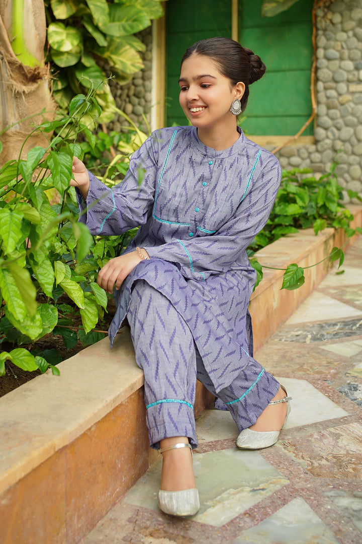 Chambray Cotton Embellished 2 Pc Suit - Wear Ochre