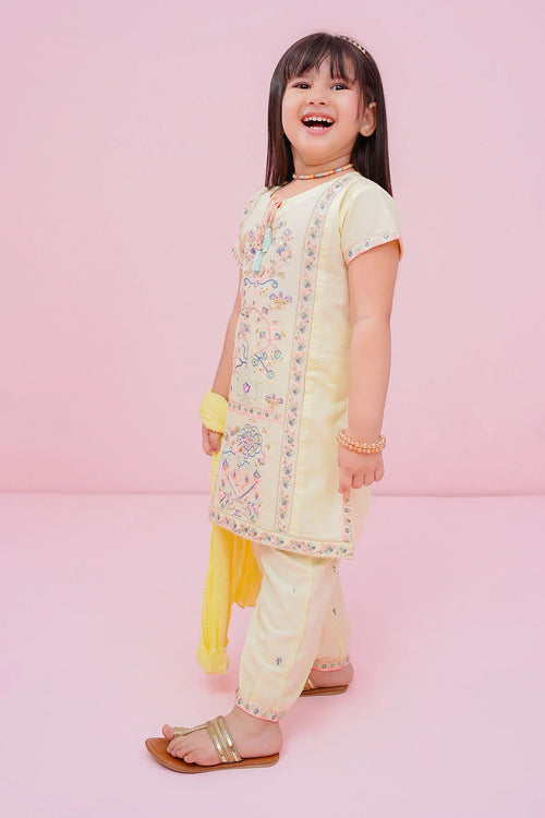 Smiling girl in embroidered yellow kids kurta set with matching pants and dupatta, perfect for festive occasions.