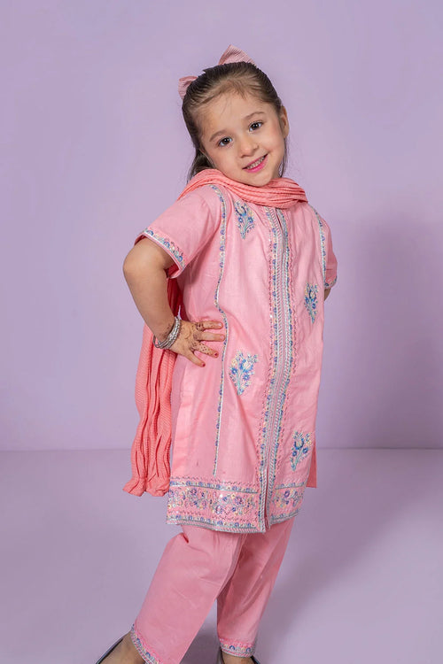 Pink embroidered kids kurta set with matching dupatta, trendy girls fashion for everyday wear