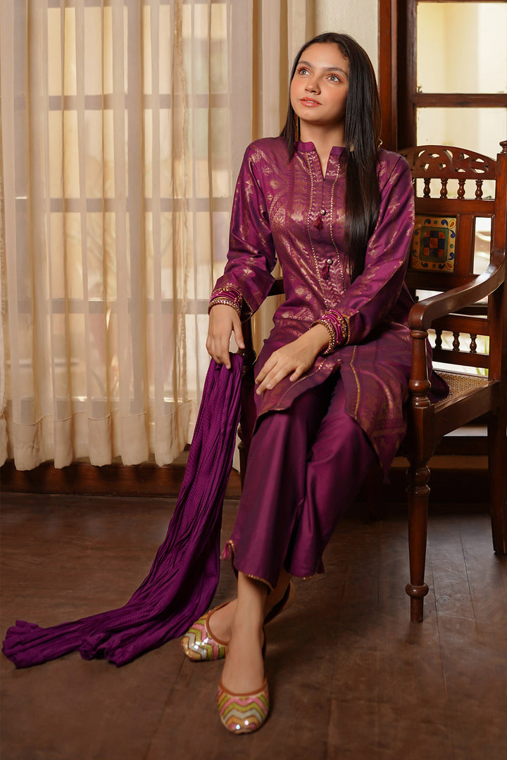Cotton Jacquard 3 Pc Suit - Wear Ochre